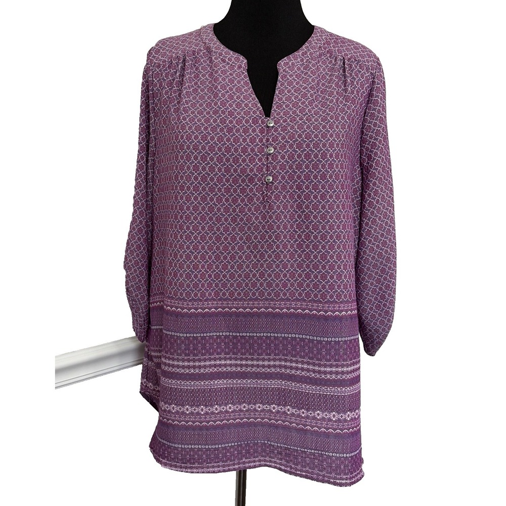 Kim Rogers Women's‎ V-Neck 3/4 Sleeve Top Size 1X Purple Floral Classic Office